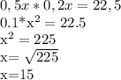 \displaystyle 0,5x*0,2x=22,5

0.1*x^2=22.5

x^2=225

x= \sqrt{225}

x=15 

