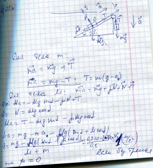 Брусок массой m=300 г. соединен с грузом массой m=200 г. невесомой и нерастяжимой нитью, перекинутой