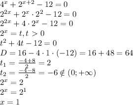 4^x+2^{x+2}-12=0\\
2^{2x}+2^x\cdot2^2-12=0\\
2^{2x}+4\cdot 2^x-12=0\\
2^x=t, t\ \textgreater \ 0\\
t^2+4t-12=0\\
D=16-4\cdot1\cdot(-12)=16+48=64\\
t_1= \frac{-4+8}{2}=2\\
t_2= \frac{-4-8}{2}=-6 \notin (0;+\infty)\\ 
2^x=2\\
2^x=2^1\\
x=1