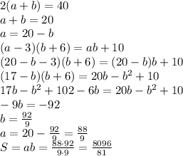2(a+b)=40
\\\
a+b=20
\\\
a=20-b
\\\
(a-3)(b+6)=ab+10
\\\
(20-b-3)(b+6)=(20-b)b+10
\\\
(17-b)(b+6)=20b-b^2+10
\\\
17b-b^2+102-6b=20b-b^2+10
\\\
-9b=-92
\\\
b= \frac{92}{9} 
\\\
a=20- \frac{92}{9} = \frac{88}{9} 
\\\
S=ab= \frac{88\cdot92}{9\cdot9}= \frac{8096}{81}