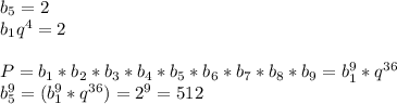 b_{5}=2\\
b_{1}q^4=2\\
\\
P=b_{1}*b_{2}*b_{3}*b_{4}*b_{5}*b_{6}*b_{7}*b_{8}*b_{9}=b_{1}^9*q^{36}\\
b_{5}^9=(b_{1}^9*q^{36}})=2^9=512