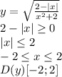 y= \sqrt{ \frac{2-|x|}{x^2+2} } 
\\\
2-|x| \geq 0
\\\
|x |\leq 2
\\\
-2 \leq x \leq 2
\\\
D(y)[-2; 2]
