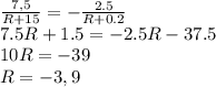  \frac{7,5}{R+15} =- \frac{2.5}{R+0.2} 
\\\
7.5R+1.5=-2.5R-37.5
\\\
10R=-39
\\\
R=-3,9