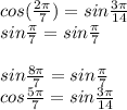 cos(\frac{2\pi}{7})=sin\frac{3\pi}{14}\\
sin\frac{\pi}{7}=sin\frac{\pi}{7}\\
\\
sin\frac{8\pi}{7}=sin\frac{\pi}{7}\\
cos\frac{5\pi}{7}=sin \frac{3\pi}{14}\\