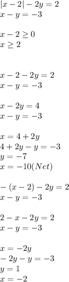 |x-2|-2y=2\\
x-y=-3\\
\\
x-2 \geq 0\\
x \geq 2\\\\
\\
x-2-2y=2\\
 x-y=-3
\\\\
x-2y=4\\
x-y=-3\\
\\
x=4+2y\\
4+2y-y=-3\\
y=-7\\
x=-10(Net)\\
\\
-(x-2)-2y=2\\
x-y=-3\\
\\
2-x-2y=2\\
x-y=-3\\
\\
x=-2y\\
-2y-y=-3\\
y=1\\
x=-2\\

