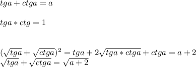 tga+ctga=a\\
\\tga*ctg=1\\\\

(\sqrt{tga}+\sqrt{ctga})^2=tga+2\sqrt{tga*ctga}+ctga=a+2\\
\sqrt{tga}+\sqrt{ctga}=\sqrt{a+2}