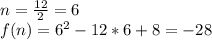 n=\frac{12}{2}=6\\
f(n)=6^2-12*6+8=-28