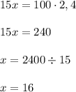 15x=100\cdot2,4\\\\
15x=240\\\\
x=2400\div15\\\\
x=16