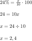 24\%= \frac{x}{10}\cdot100\\\\
24=10x\\\\
x=24\div 10\\\\
x=2,4