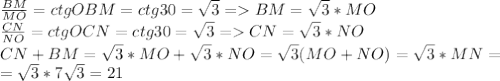 \frac{BM}{MO}=ctgOBM=ctg30=\sqrt{3}=BM=\sqrt{3}*MO \\ 
\frac{CN}{NO}=ctgOCN=ctg30=\sqrt{3}=CN=\sqrt{3}*NO \\ 
CN+BM=\sqrt{3}*MO+\sqrt{3}*NO=\sqrt{3}(MO+NO)=\sqrt{3}*MN= \\ 
=\sqrt{3}*7\sqrt{3}=21