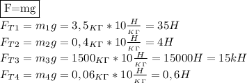 \fbox{F=mg}\\
F_T_1=m_1g=3,5_K_\Gamma*10 \frac{H}{_K_\Gamma} =35H\\
F_T_2=m_2g=0,4_K_\Gamma*10 \frac{H}{_K_\Gamma} =4H\\
F_T_3=m_3g=1500_K_\Gamma*10 \frac{H}{_K_\Gamma}=15000H=15kH\\
F_T_4=m_4g=0,06_K_\Gamma*10 \frac{H}{_K_\Gamma}=0,6H