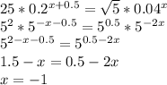25*0.2^{x+0.5}=\sqrt{5}*0.04^x\\
5^2*5^{-x-0.5}=5^{0.5}*5^{-2x}\\
5^{2-x-0.5}=5^{0.5-2x}\\
 1.5-x=0.5-2x\\
 x=-1