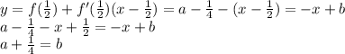 y=f(\frac{1}{2})+f'(\frac{1}{2})(x-\frac{1}{2})=a-\frac{1}{4}-(x-\frac{1}{2})=-x+b\\\
a-\frac{1}{4}-x+\frac{1}{2}=-x+b\\
a+\frac{1}{4}=b \\
