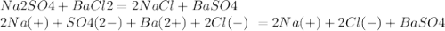 Na2SO4+BaCl2=2NaCl+BaSO4 \\ 2Na(+)+SO4(2-)+Ba(2+)+2Cl(-) \ =2Na(+)+2Cl(-)+BaSO4 