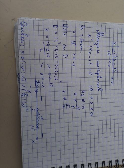 Решите неравенство: x^2-14x-15 > 0 &nbsp; 10-4x