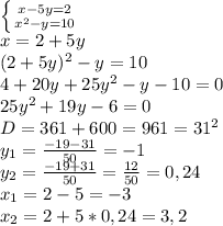 \left \{ {{x-5y=2} \atop {x^2-y=10}} \right. \\ x=2+5y \\ (2+5y)^2-y=10 \\ 4+20y+25y^2-y-10=0 \\ 25y^2+19y-6=0 \\ D=361+600=961=31^2 \\ y_1= \frac{-19-31}{50} =-1 \\ y_2= \frac{-19+31}{50} = \frac{12}{50} =0,24 \\ 
x_1=2-5=-3 \\ x_2=2+5*0,24=3,2
