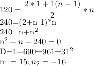 \displaystyle 120= \frac{2*1+1(n-1)}{2}*n

240=(2+n-1)*n

240=n+n^2

n^2+n-240=0

D=1+690=961=31^2

n_1=15; n_2=-16

