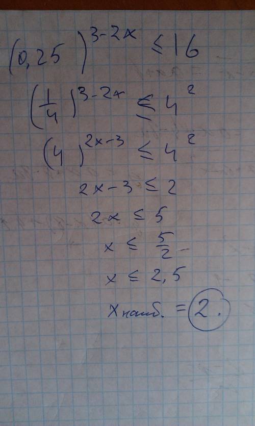 Найдите наибольшее целое решение неравенств: 0,25в степени3-2xменьше или равно 16