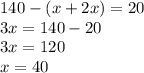 140-(x+2x)=20\\3x=140-20\\3x=120\\x=40