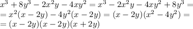 x^3+8y^3-2x^2y-4xy^2=x^3-2x^2y-4xy^2+8y^3= \\ 
=x^2(x-2y)-4y^2(x-2y)=(x-2y)(x^2-4y^2)= \\ 
=(x-2y)(x-2y)(x+2y)