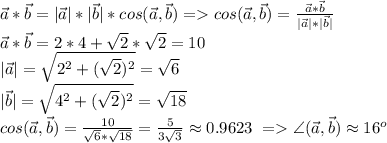 \vec{a}*\vec{b}=|\vec{a}|*|\vec{b}|*cos(\vec{a},\vec{b}) = 
cos(\vec{a},\vec{b})=\frac{\vec{a}*\vec{b}}{|\vec{a}|*|\vec{b}|}\\
\vec{a}*\vec{b}=2*4+\sqrt2*\sqrt2=10\\
|\vec{a}|=\sqrt{2^2+(\sqrt2)^2}=\sqrt6\\
|\vec{b}|=\sqrt{4^2+(\sqrt2)^2}=\sqrt{18}\\
cos(\vec{a},\vec{b})=\frac{10}{\sqrt{6}*\sqrt{18}}=\frac{5}{3\sqrt3}\approx0.9623\ = \angle(\vec{a},\vec{b})\approx 16^o
