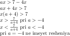 ax7-4x\\
ax+4x7\\
x(a+4)7\\
x\frac{7}{a+4} \hbox{ pri } a-4\\x<\frac{7}{a+4} \hbox{ pri } a<-4\\
\hbox{pri } a=-4 \hbox{ ne imeyet resheniya}