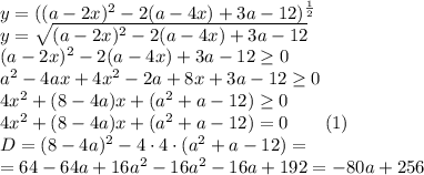 y= ((a-2x)^2 - 2(a-4x) + 3a - 12)^{\frac12}\\
y=\sqrt{(a-2x)^2 - 2(a-4x) + 3a - 12}\\
(a-2x)^2 - 2(a-4x) + 3a - 12\geq0\\
a^2-4ax+4x^2-2a+8x+3a-12\geq0\\
4x^2+(8-4a)x+(a^2+a-12)\geq0\\
4x^2+(8-4a)x+(a^2+a-12)=0\quad\quad(1)\\
D=(8-4a)^2-4\cdot4\cdot(a^2+a-12)=\\=64-64a+16a^2-16a^2-16a+192=-80a+256
