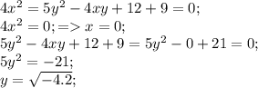 4x^2=5y^2-4xy+12+9=0;\\
4x^2=0; = x=0;\\
5y^2-4xy+12+9=5y^2-0+21=0;\\
5y^2=-21;\\
y=\sqrt{-4.2};