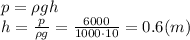 p=\rho g h
\\\
h= \frac{p}{\rho g}= \frac{6000}{1000\cdot10} =0.6(m)