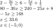 2- \frac{3x}{4} \geq 6- \frac{5x}{8}+ \frac{1}{5}
\\\
80- 30x \geq 240-25x+ 8
\\\
- 5x \geq 168
\\\
x \leq 33.6
\\\
x\in(-5;0)