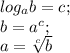 log_ab=c;\\
b=a^c;\\
a= \sqrt[c]{b}