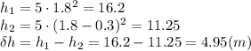 h_1=5\cdot1.8^2=16.2
\\\
h_2=5\cdot(1.8-0.3)^2=11.25
\\\
\delta h=h_1-h_2=16.2-11.25=4.95(m)