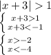 |x+3|1
\\\
 \left \{ {{x+31} \atop {x+3<-1}} \right. 
\\\
 \left \{ {{x-2} \atop {x<-4}} \right.