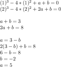 (1)^3-4*(1)^2+a+b=0\\
(2)^3-4*(2)^2+2a+b=0\\
\\
a+b=3\\
2a+b=8\\
\\
a=3-b\\
2(3-b)+b=8\\
6-b=8\\
b=-2\\
a=5\\

