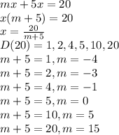 mx+5x=20
\\\
x(m+5)=20
\\\
x= \frac{20}{m+5} 
\\\
D(20)=1, 2, 4, 5, 10, 20
\\\
m+5=1, m=-4
\\\
m+5=2, m=-3
\\\
m+5=4, m=-1
\\\
m+5=5, m=0
\\\
m+5=10, m=5
\\\
m+5=20, m=15