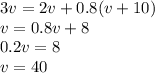 3v=2v+0.8(v+10)
\\\
v=0.8v+8
\\\
0.2v=8
\\\
v=40