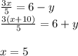 \frac{3x}{5}=6-y\\
\frac{3(x+10)}{5}=6+y\\
\\
x=5\\