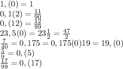 1,(0)=1
\\\
0,1(2)= \frac{11}{90} 
\\\
0,(12)= \frac{12}{99} 
\\\
23,5(0)=23 \frac{1}{2} = \frac{47}{2} 
\\\
 \frac{7}{40}=0,175=0,175(0)
19=19,(0)
\\\
 \frac{5}{9} =0,(5)
\\\
 \frac{17}{99} =0,(17)
