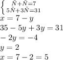 \left \{ {{х+у=7} \atop {5х+3у=31}} \right. 
\\\
x=7-y
\\\
35-5y+3y=31
\\\
-2y=-4
\\\
y=2
\\\
x=7-2=5
