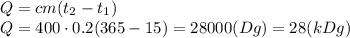 Q=cm(t_2-t_1)
\\\
Q=400\cdot0.2(365-15)=28000(Dg)=28(kDg)