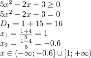 5x^2-2x-3 \geq 0
\\\
5x^2-2x-3 =0
\\\
D_1=1+15=16
\\\
x_1= \frac{1+4}{5} =1
\\\
x_2= \frac{1-4}{5} =-0.6
\\\
x\in(- \infty ; -0.6] \cup[1;+\infty)