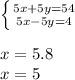 \left \{ {{5x+5y=54} \atop {5x-5y=4}} \right. \\
\\
x=5.8\\
x=5