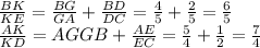 \frac{BK}{KE}=\frac{BG}{GA}+\frac{BD}{DC}=\frac{4}{5}+\frac{2}{5}=\frac{6}{5}\\
\frac{AK}{KD}=\fraC{AG}{GB}+\frac{AE}{EC}=\frac{5}{4}+\frac{1}{2}=\frac{7}{4}