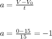 a= \frac{V-V_0}{t}
\\\\\\a= \frac{0-15}{15}= -1
