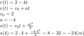 v(t)= 2-4t
\\\
v(t)=v_0+at
\\\
v_0=2
\\\
a=-4
\\\
s(t)=v_0t+ \frac{at^2}{2}
\\\
 s(4)=2\cdot4+ \frac{-4\cdot4^2}{2}=8-32=-24(m)