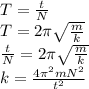 T= \frac{t}{N} 
\\\
T=2\pi \sqrt{ \frac{m}{k} } 
\\\
\frac{t}{N} =2\pi \sqrt{ \frac{m}{k} } 
\\\
k= \frac{4\pi^2mN^2}{t^2}
