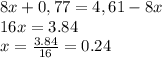 8x+0,77=4,61-8x
\\\
16x=3.84
\\\
x= \frac{3.84}{16}= 0.24