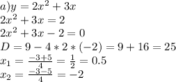 a) y=2x^2+3x\\
2x^2+3x=2\\
2x^2+3x-2=0\\
D=9-4*2*(-2)=9+16=25\\
x_1= \frac{-3+5}{4}= \frac{1}{2}=0.5\\
x_2= \frac{-3-5}{4}=-2\\

