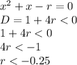 x^2+x-r=0
\\\
D=1+4r<0
\\\
1+4r<0
\\\
4r<-1
\\\
r<-0.25
