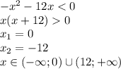 -x^2 - 12x < 0
\\\
x(x+12)0
\\\
x_1=0
\\\
x_2=-12
\\\
x\in (-\infty; 0)\cup(12; +\infty)